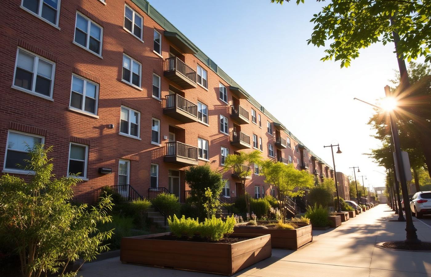 A refurbished brick multifamily building with landscaping and garden beds