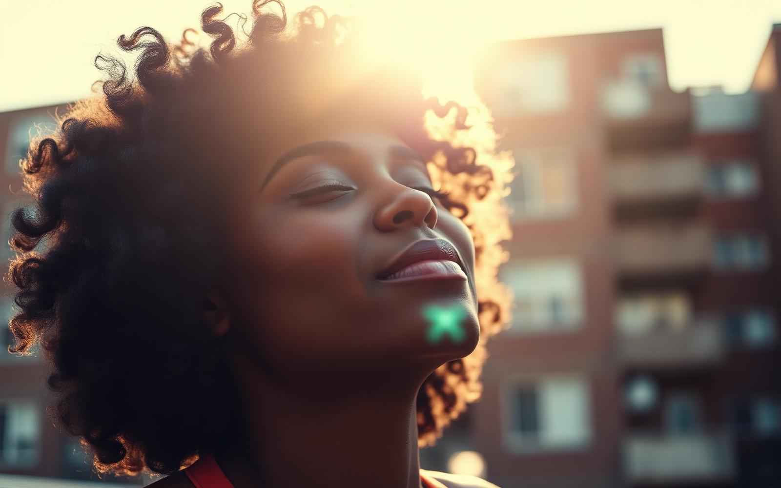 A woman with natural curly hair lifting her face toward warm sunlight in front of city apartment buildings