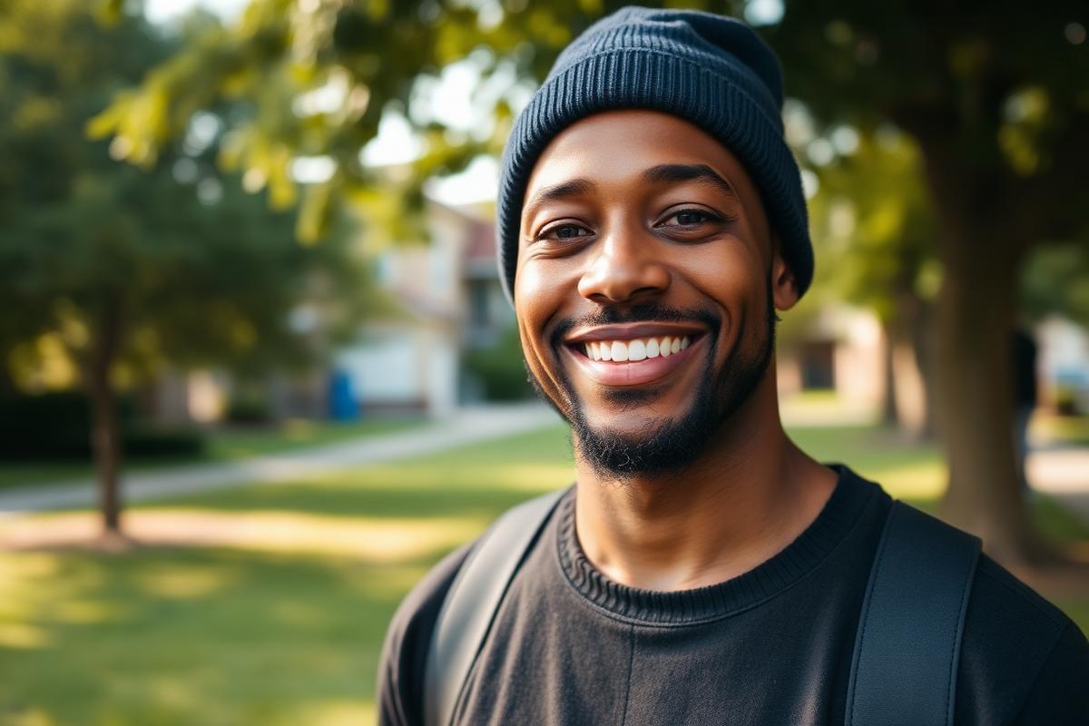 A smiling man in a beanie standing in a neighborhood park