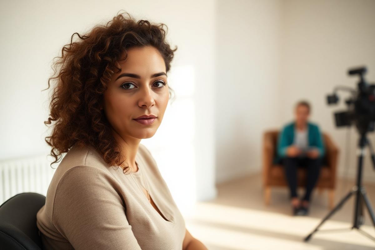 A woman seated in a bright room during an interview